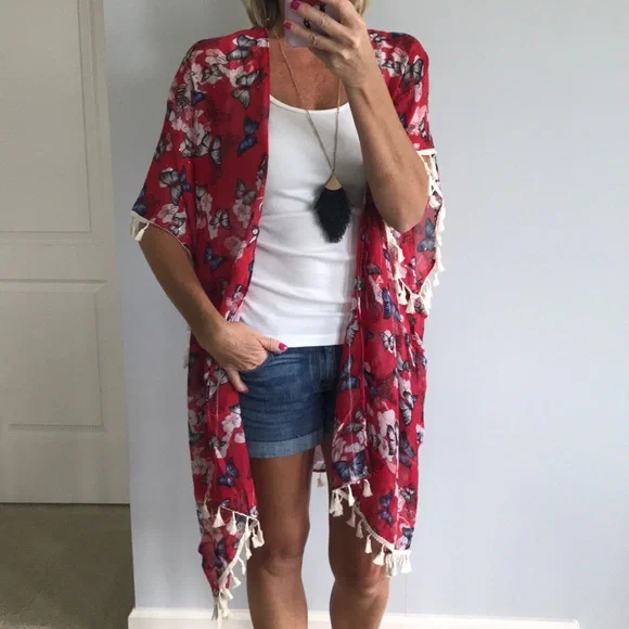Red, Floral & Butterfly Print Kimono - Picture 1 of 8